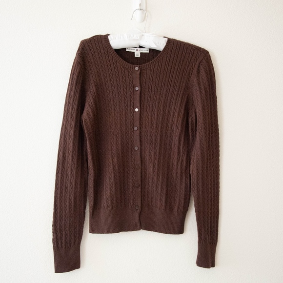 Tommy Hilfiger Sweaters - Tommy Hilfiger Brown Cable Knit Cardigan Sz Large